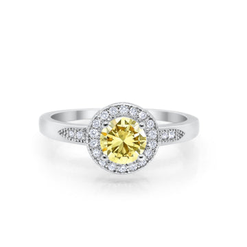 Halo Art Deco Engagement Ring Round Simulated Yellow CZ 925 Sterling Silver